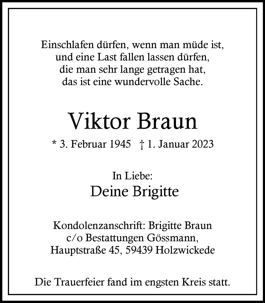  Traueranzeige für Viktor Braun vom 21.01.2023 aus Hellweger Anzeiger