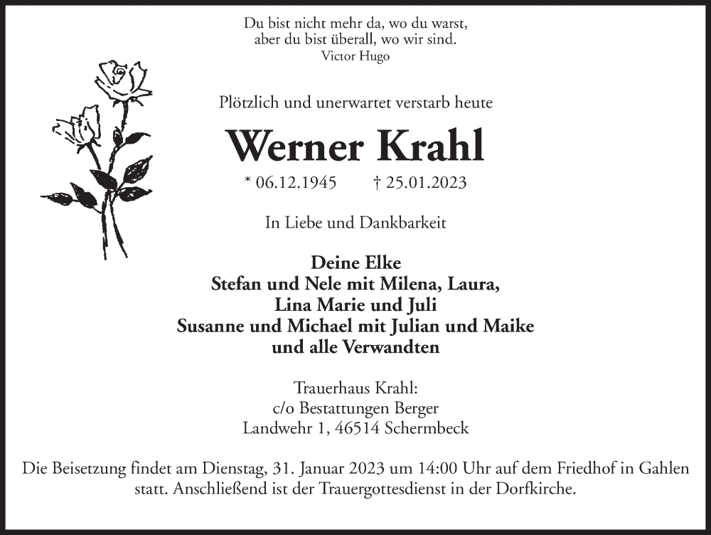  Traueranzeige für Werner Krahl vom 28.01.2023 aus Ruhr Nachrichten und Dorstener Zeitung