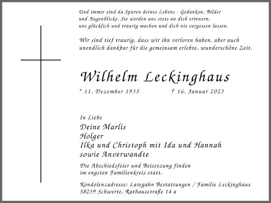Traueranzeige von Wilhelm Leckinghaus von Ruhr Nachrichten