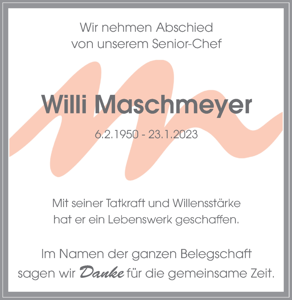 Traueranzeige für Willi Maschmeyer vom 30.01.2023 aus 