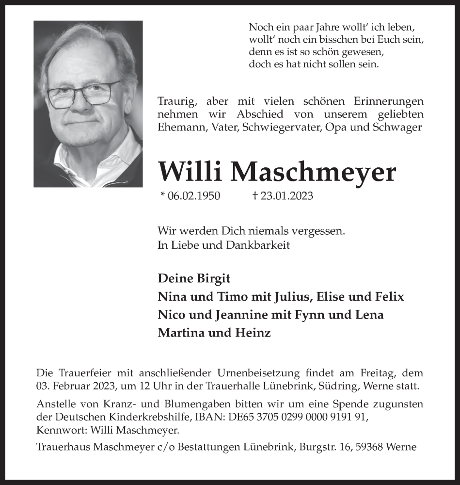  Traueranzeige für Willi Maschmeyer vom 28.01.2023 aus Hellweger Anzeiger