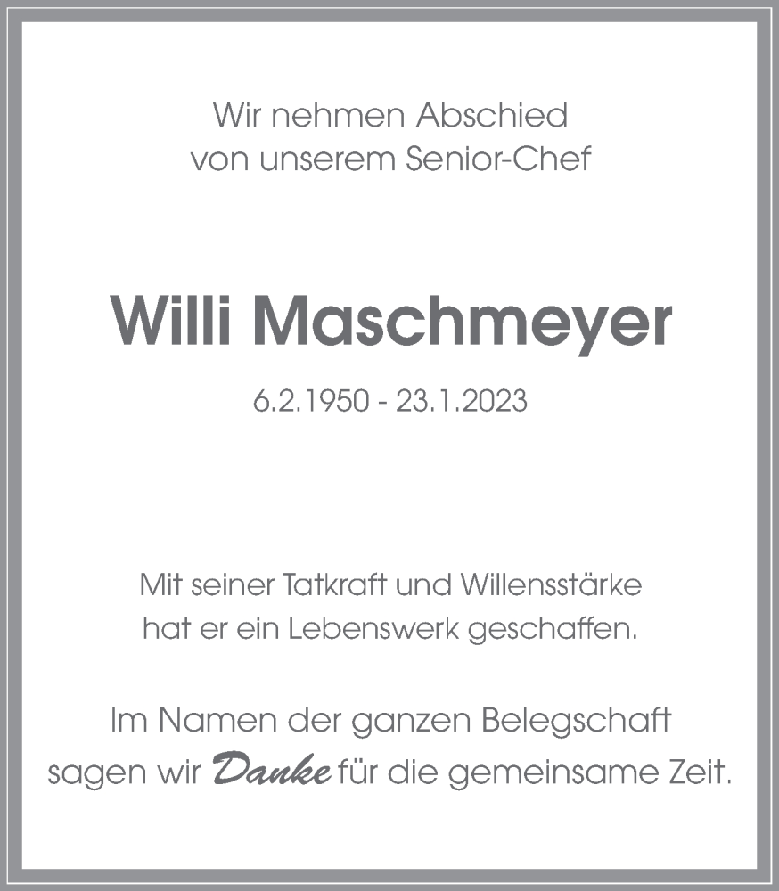  Traueranzeige für Willi Maschmeyer vom 30.01.2023 aus Hellweger Anzeiger
