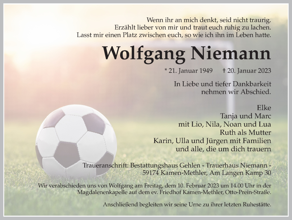  Traueranzeige für Wolfgang Niemann vom 28.01.2023 aus Hellweger Anzeiger