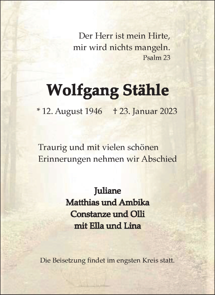  Traueranzeige für Wolfgang Stähle vom 28.01.2023 aus Medienhaus Bauer