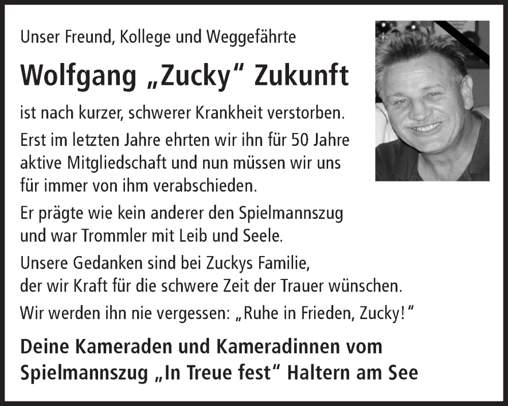  Traueranzeige für Wolfgang Zukunft vom 30.01.2023 aus Ruhr Nachrichten und Halterner Zeitung
