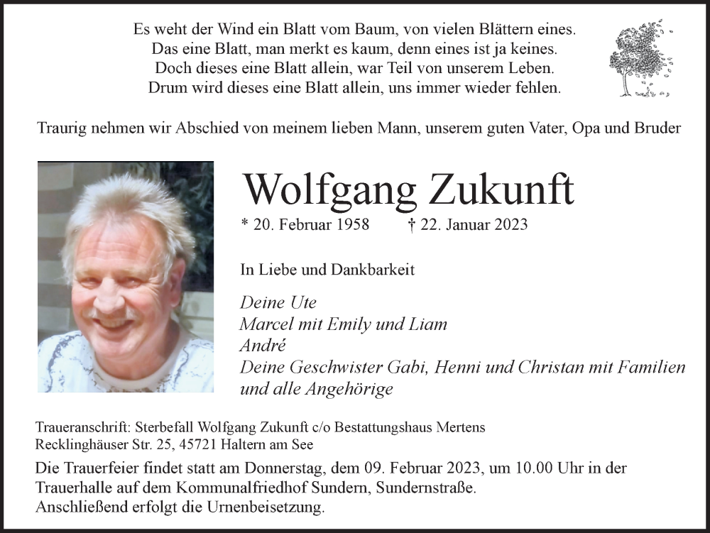  Traueranzeige für Wolfgang Zukunft vom 28.01.2023 aus Ruhr Nachrichten und Halterner Zeitung