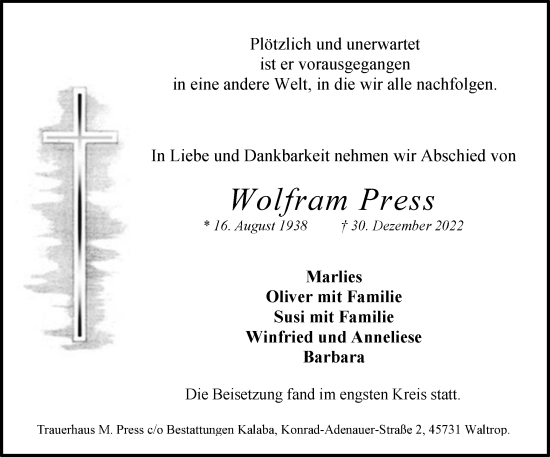 Traueranzeige von Wolfram Press von Medienhaus Bauer