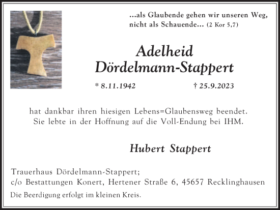 Traueranzeige von Adelheid Dördelmann-Stappert von Medienhaus Bauer