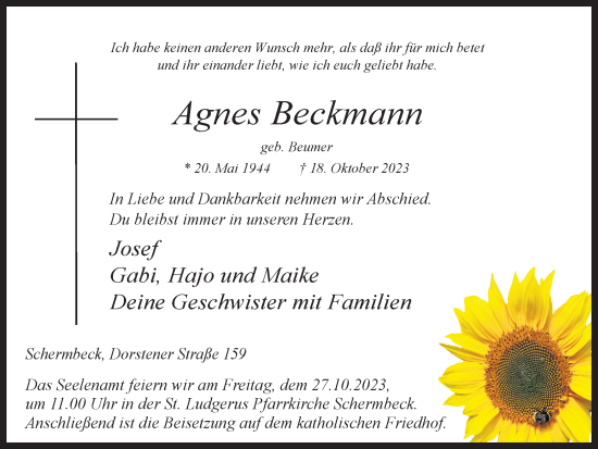 Traueranzeige von Agnes Beckmann von Ruhr Nachrichten und Dorstener Zeitung