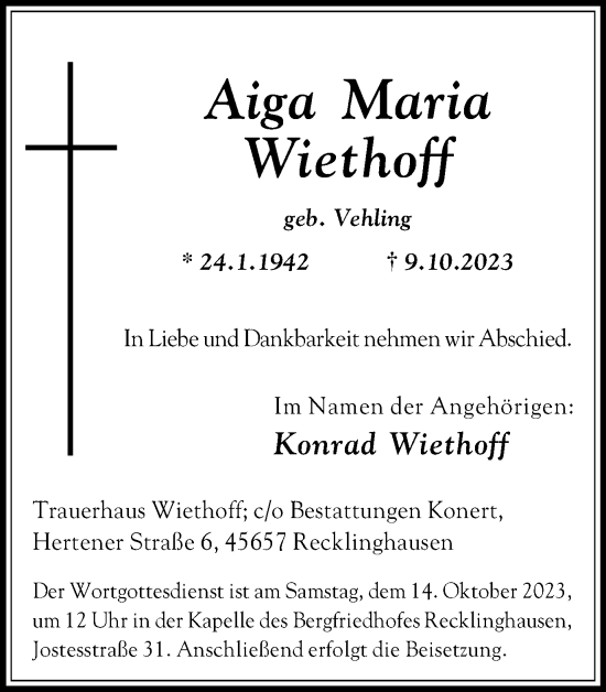 Traueranzeige von Aiga Maria Wiethoff von Medienhaus Bauer