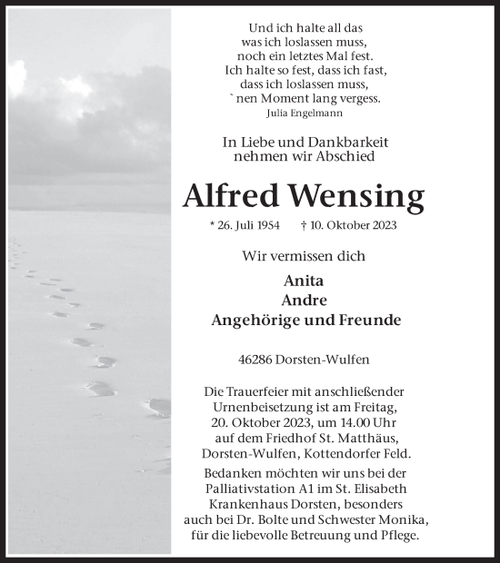 Traueranzeige von Alfred Wensing von Ruhr Nachrichten und Dorstener Zeitung