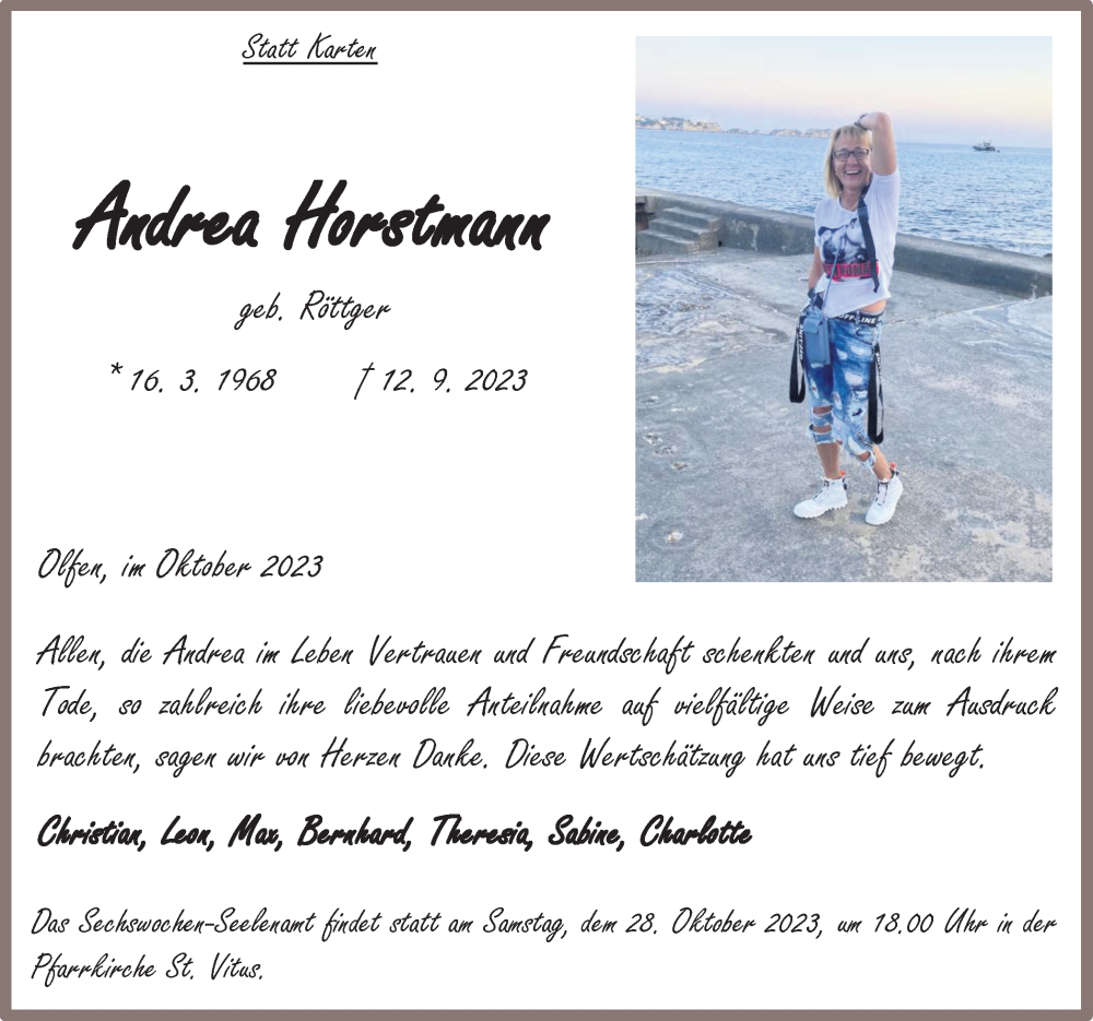  Traueranzeige für Andrea Horstmann vom 21.10.2023 aus Ruhr Nachrichten