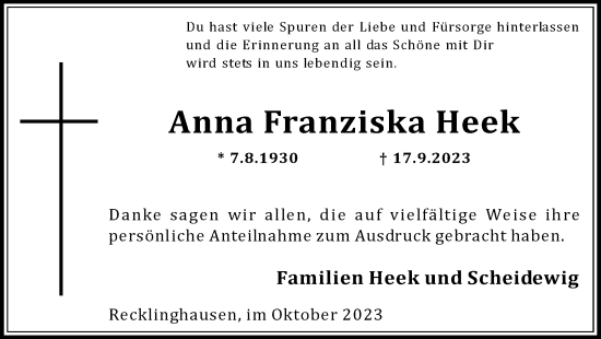 Traueranzeige von Anna Franziska Heek von Medienhaus Bauer