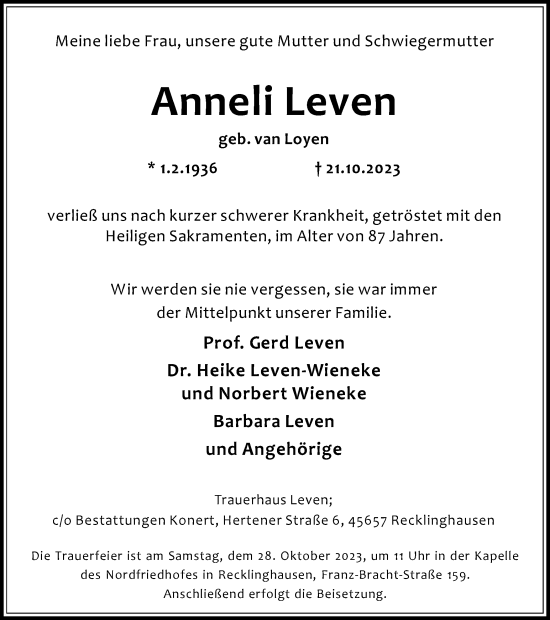 Traueranzeige von Anneli Leven von Medienhaus Bauer