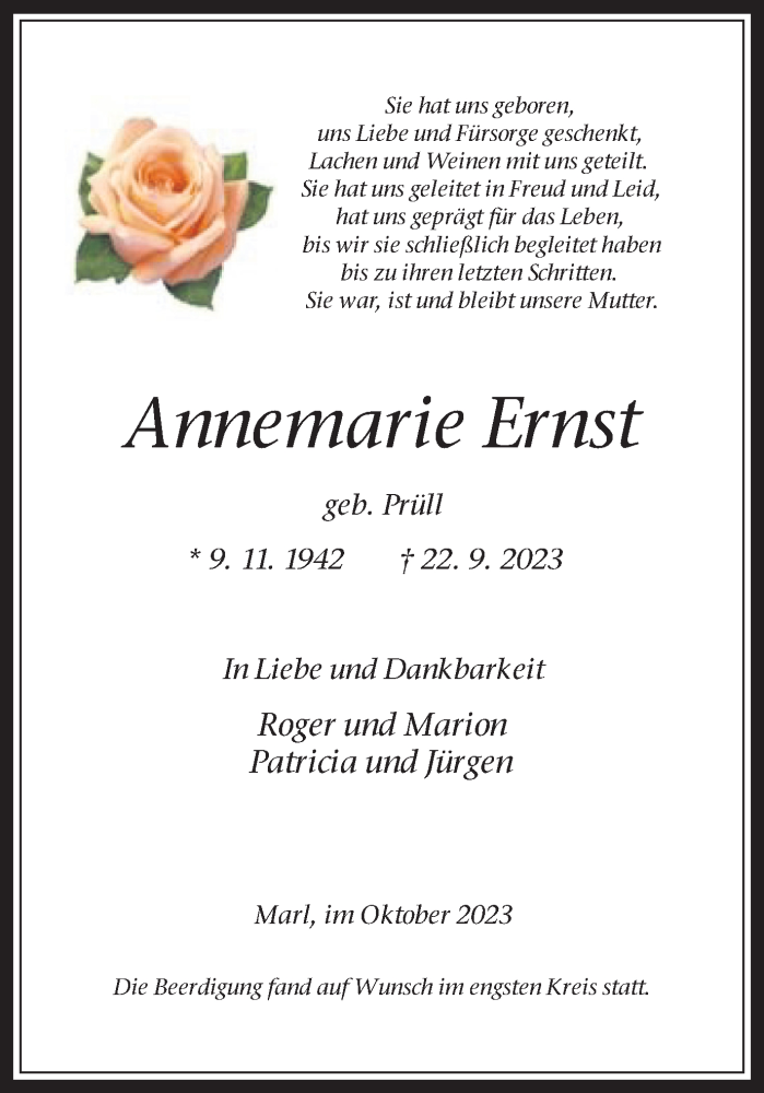  Traueranzeige für Annemarie Ernst vom 07.10.2023 aus Medienhaus Bauer