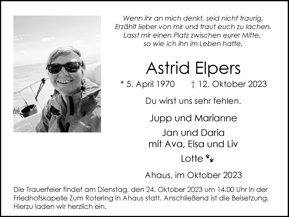  Traueranzeige für Astrid Elpers vom 20.10.2023 aus Münstersche Zeitung und Münsterland Zeitung