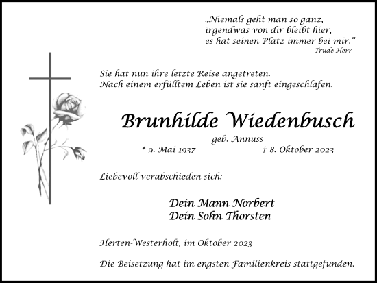 Traueranzeige von Brunhilde Wiedenbusch von Medienhaus Bauer