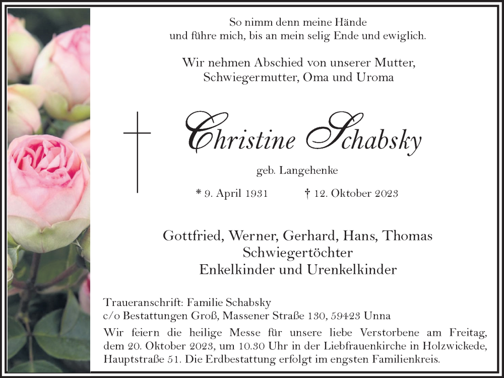  Traueranzeige für Christine Schabsky vom 14.10.2023 aus Hellweger Anzeiger