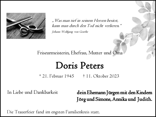 Traueranzeige von Doris Peters von Medienhaus Bauer