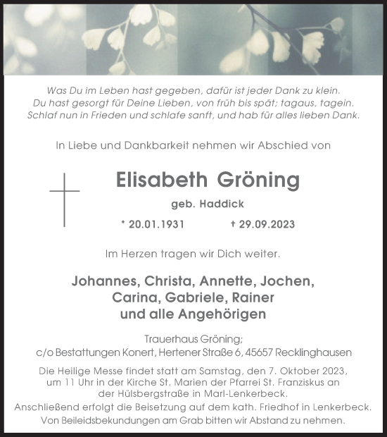 Traueranzeige von Elisabeth Gröning von Medienhaus Bauer