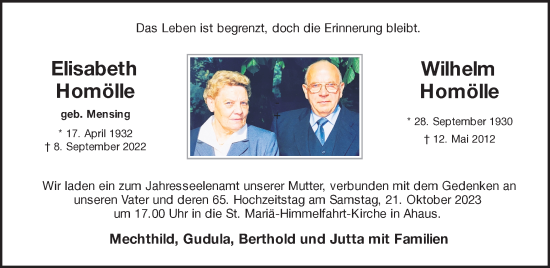 Traueranzeige von Elisabeth und Wilhelm Homölle von Münstersche Zeitung und Münsterland Zeitung