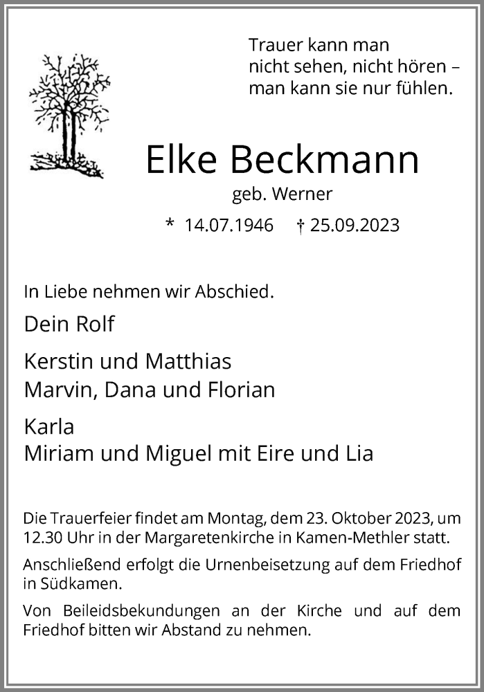  Traueranzeige für Elke Beckmann vom 14.10.2023 aus Hellweger Anzeiger