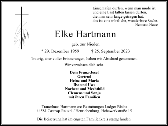 Traueranzeige von Elke Hartmann 