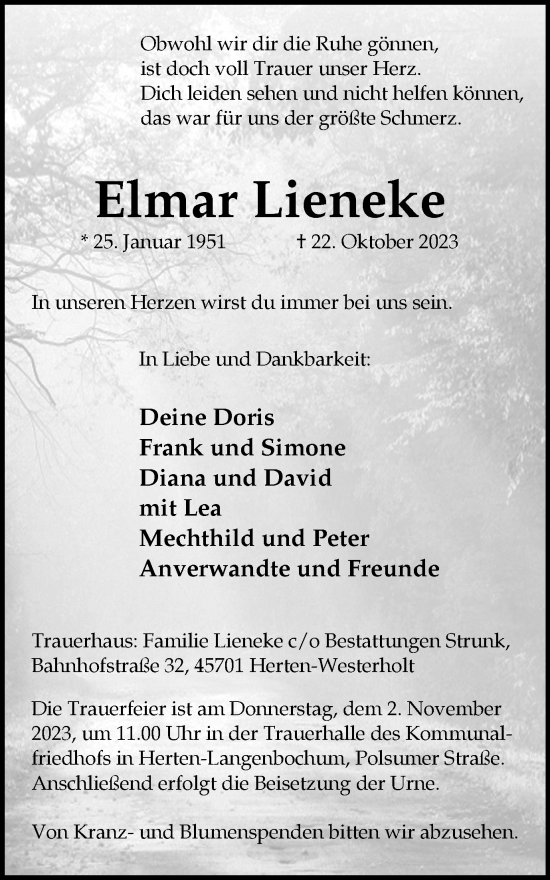 Traueranzeige von Elmar Lieneke von Medienhaus Bauer