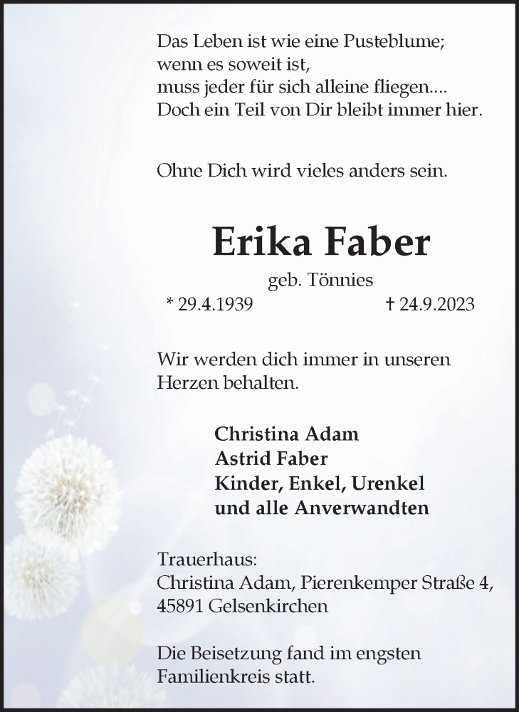  Traueranzeige für Erika Faber vom 18.10.2023 aus Medienhaus Bauer