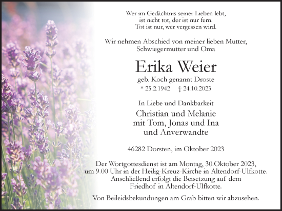Traueranzeige von Erika Weier von Ruhr Nachrichten und Dorstener Zeitung