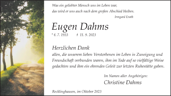 Traueranzeige von Eugen Dahms von Medienhaus Bauer