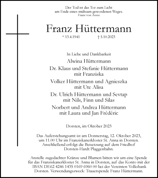Traueranzeige von Franz Hüttermann von Ruhr Nachrichten und Dorstener Zeitung