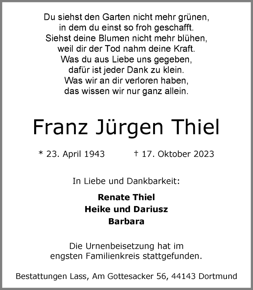  Traueranzeige für Franz Jürgen Thiel vom 28.10.2023 aus 