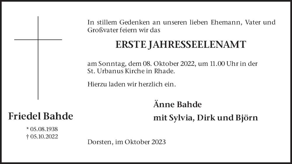  Traueranzeige für Friedel Bahde vom 06.10.2023 aus Ruhr Nachrichten und Dorstener Zeitung