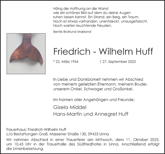 Traueranzeige von Friedrich-Wilhelm Huff von Hellweger Anzeiger