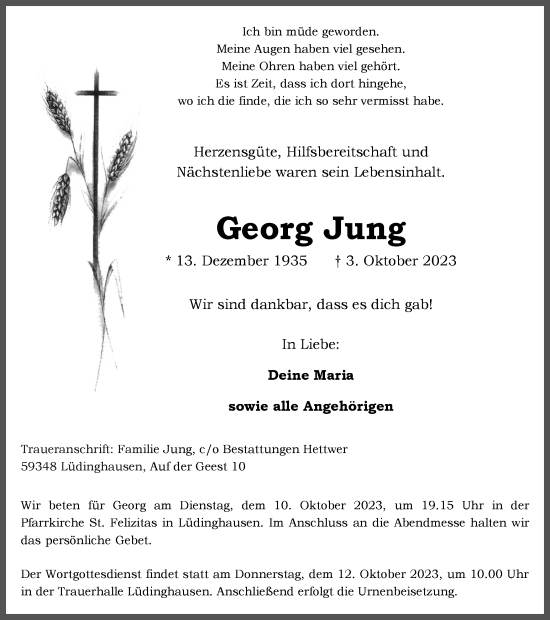 Traueranzeige von Georg Jung von Ruhr Nachrichten
