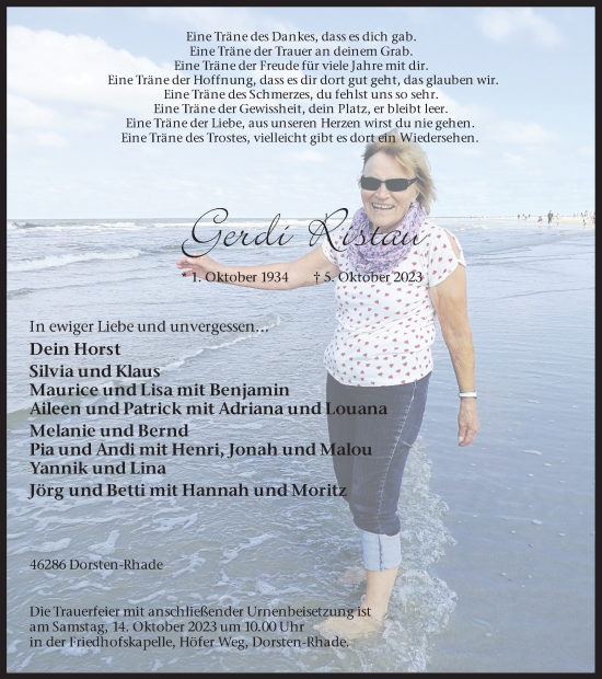 Traueranzeige von Gerdi Ristau von Ruhr Nachrichten und Dorstener Zeitung