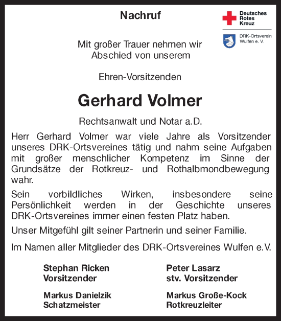 Traueranzeige von Gerhard Volmer von Ruhr Nachrichten und Dorstener Zeitung
