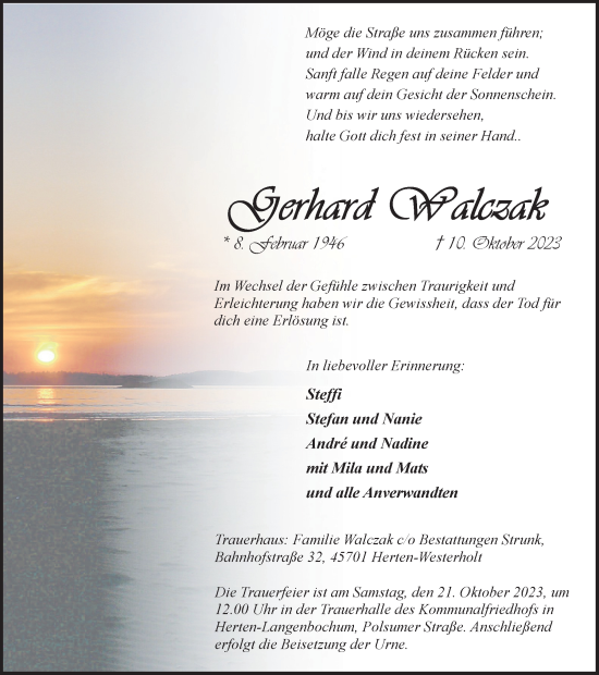 Traueranzeige von Gerhard Walczak   von Medienhaus Bauer