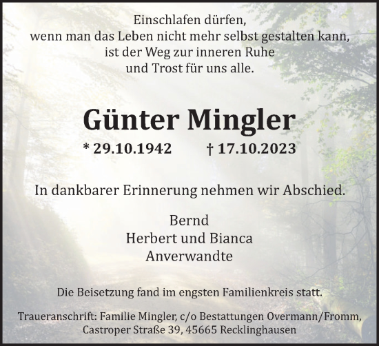 Traueranzeige von Günter Mingler von Medienhaus Bauer