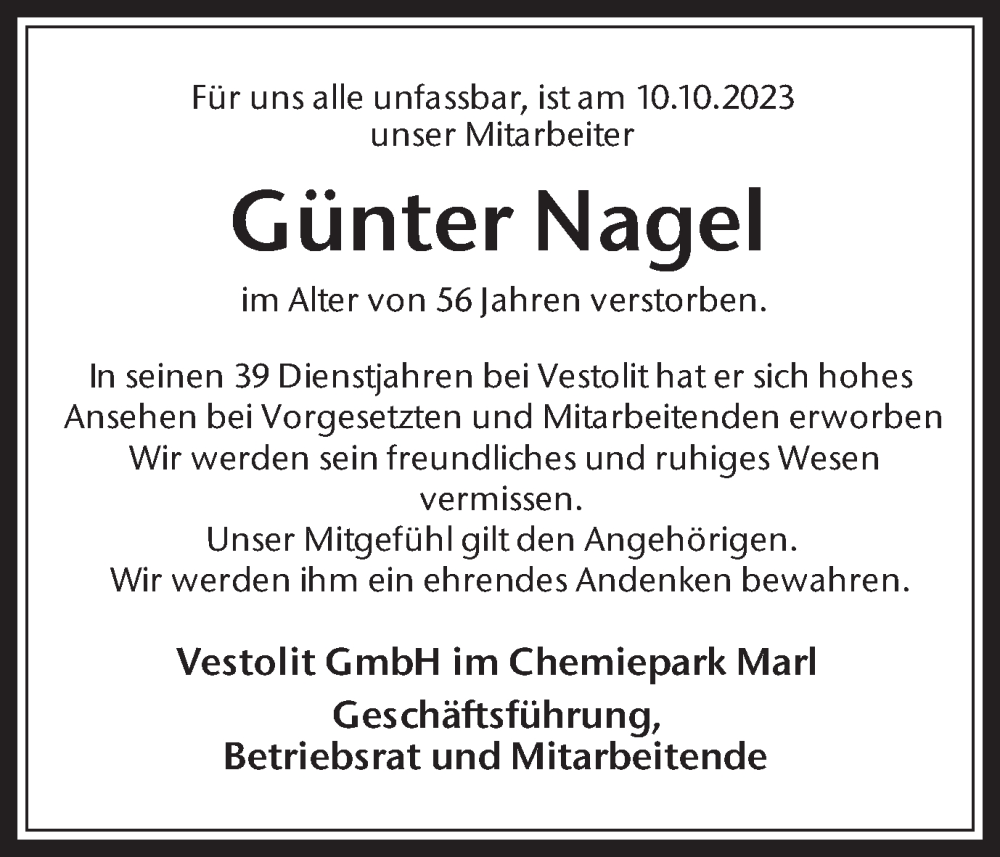  Traueranzeige für Günter Nagel vom 20.10.2023 aus Medienhaus Bauer
