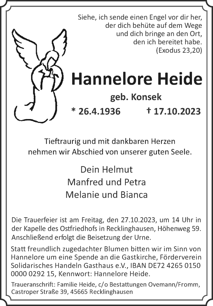  Traueranzeige für Hannelore Heide vom 21.10.2023 aus Medienhaus Bauer