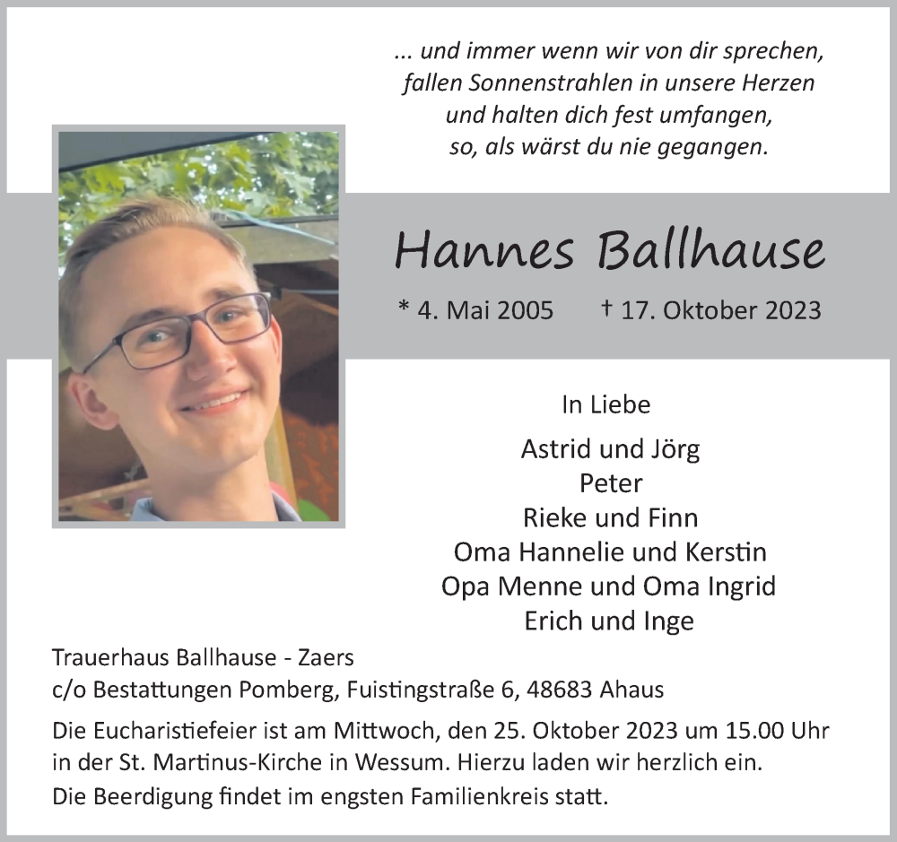  Traueranzeige für Hannes Ballhause vom 21.10.2023 aus Münstersche Zeitung und Münsterland Zeitung