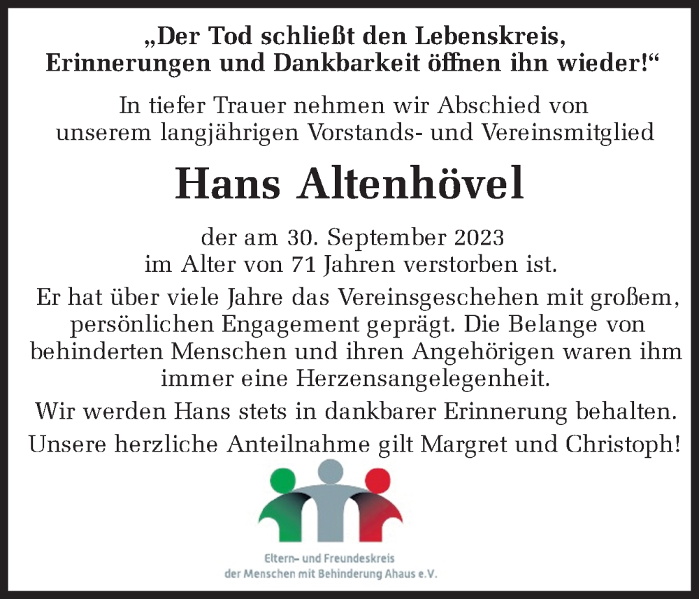  Traueranzeige für Hans Altenhövel vom 11.10.2023 aus Münstersche Zeitung und Münsterland Zeitung