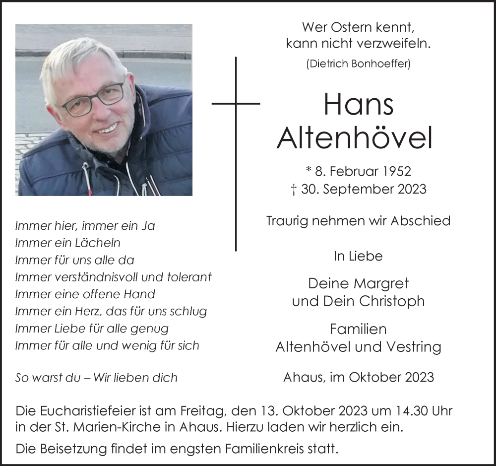  Traueranzeige für Hans Altenhövel vom 07.10.2023 aus Münstersche Zeitung und Münsterland Zeitung