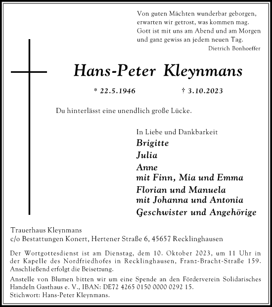 Traueranzeige von Hans-Peter Kleynmans von Medienhaus Bauer