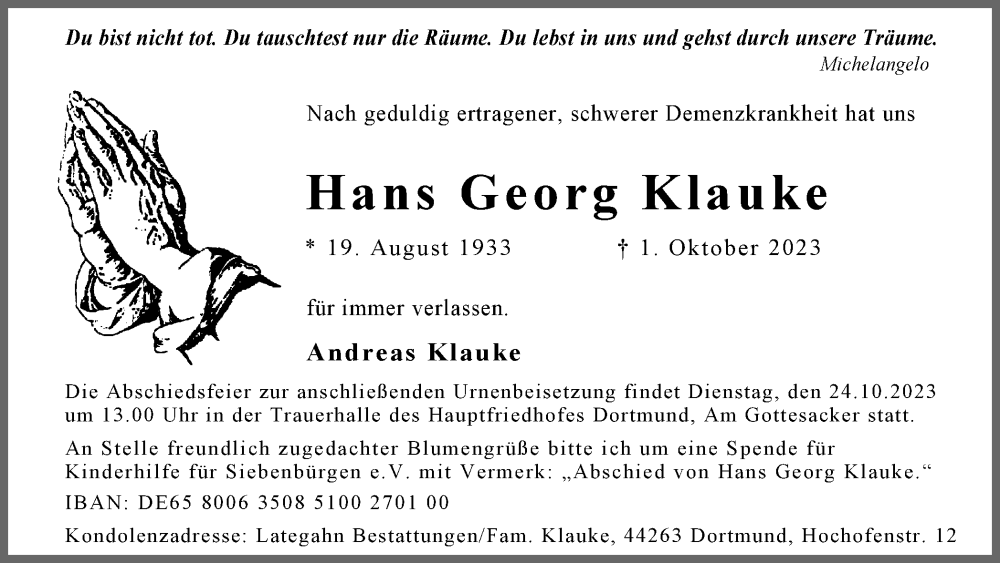  Traueranzeige für Hans Georg Klauke vom 14.10.2023 aus 