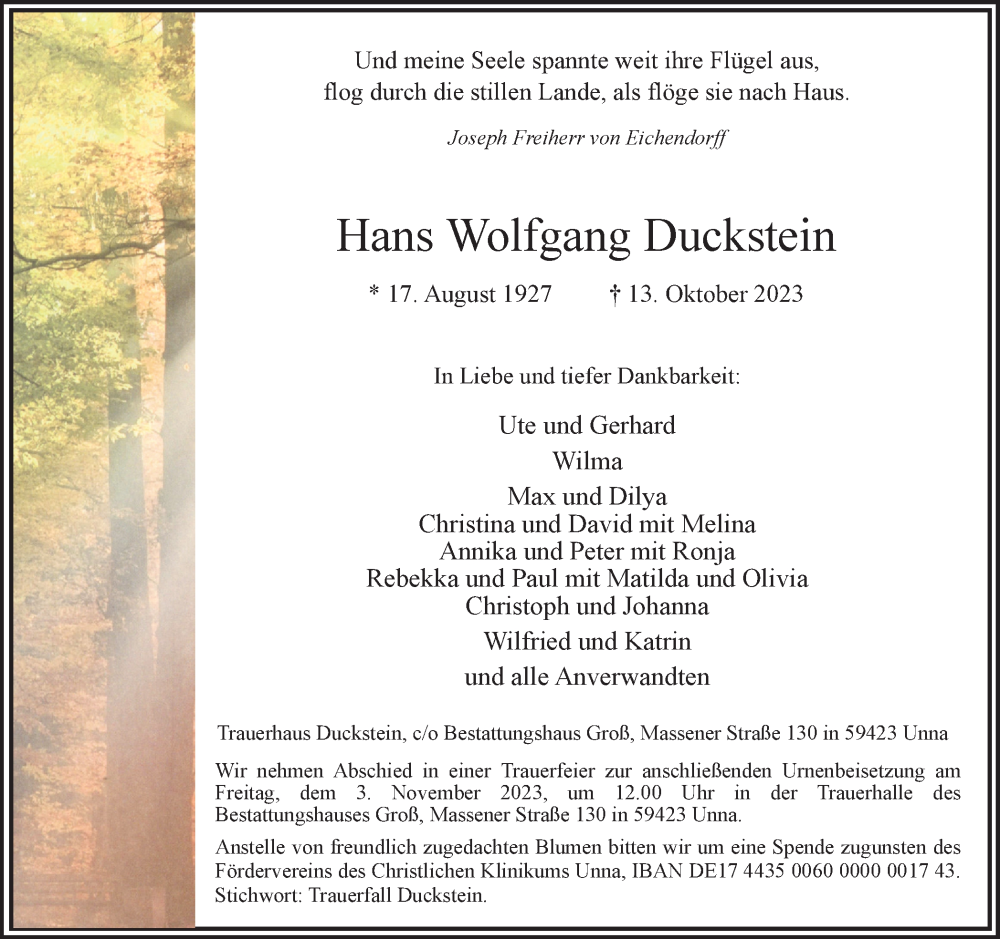  Traueranzeige für Hans Wolfgang Duckstein vom 28.10.2023 aus Hellweger Anzeiger