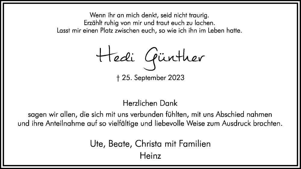 Traueranzeige für Hedi Günther vom 28.10.2023 aus Hellweger Anzeiger