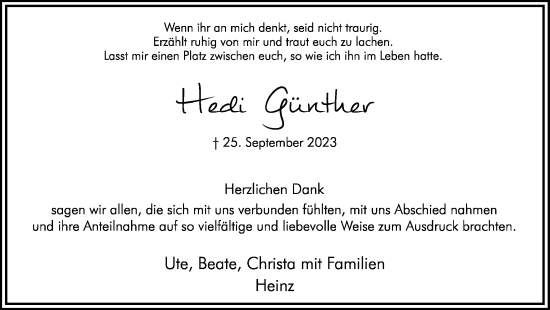Traueranzeige von Hedi Günther von Hellweger Anzeiger